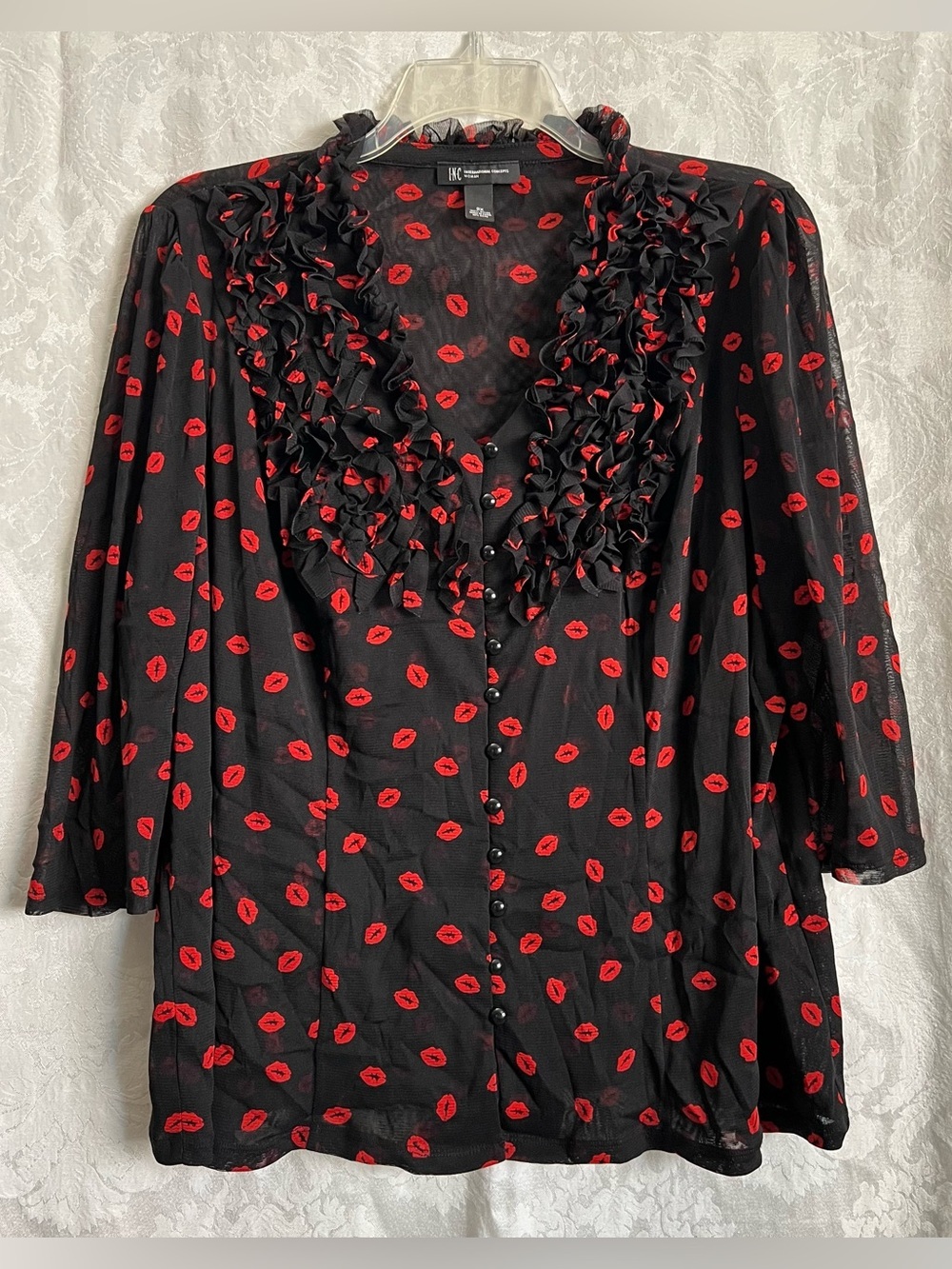 INC Women’s Sheer Button Up Blouse With Red Lip Print & Ruffle Neckline Size 2X